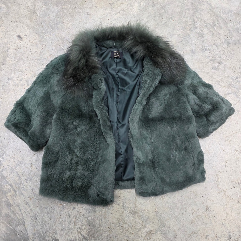 Betta Corradi Green Short‎ Sleeve Rabbit Paccoon Fur Coat with Fur Collar Medium